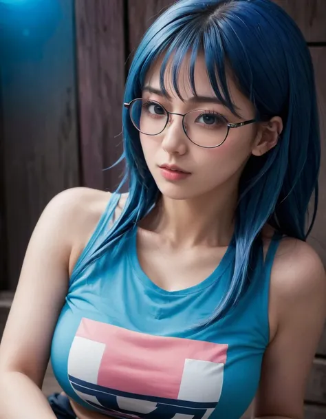 1 sexy girl, bellissima, solo, sitting, big tits upper body, close-up, blue hair, wear glasses, wearing a low cut pink color t-shirt, hip-hop theme in dark color tones, Neon Noir style
