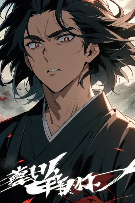 ,masculine, short black hair ,red pupils, black eyes,samurai,black kimono,unkempt appearance, age 27 years old looks young, anime style