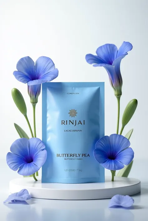 Butterfly Pea Skincare Product, Sachet Style, Butterfly Pea Flower, Product Name "RinJai," Elegantly Designed Sachet Packaging, Minimalist Background in Creamy White Theme, HD, Masterpiece