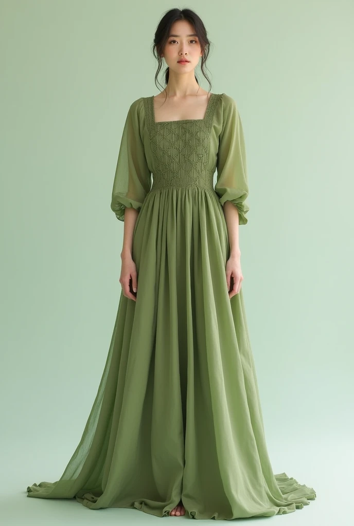 Long dress with chest pattern with crossed fabrics square neckline,  the natural dropped skirt ,  and 3 /4 with tight sleeves . 
 Color between light olive and mint green .
Tela gaza.
No embroidery please!
