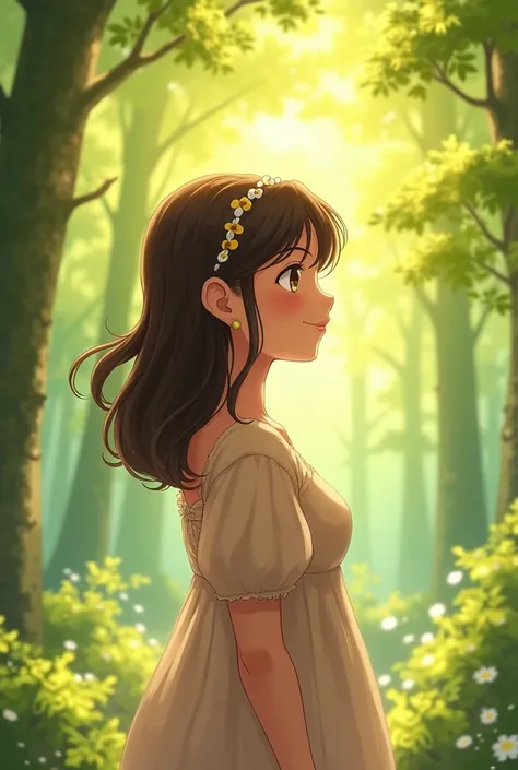 make a picture of a woman with a slightly plump body facing backwards to the left smiling sweetly with dimples with a background of trees with a yellow green vibe. anime picture