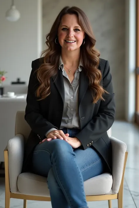 A mature, 50 years old, slightly chubby, happy, woman, long big brown hair, hazel eyes, Wear a smart suit (shirt, Jean and jacket, black louboutin pumps), is sitting, in a minimalist office, golden in color, white and grey marble.