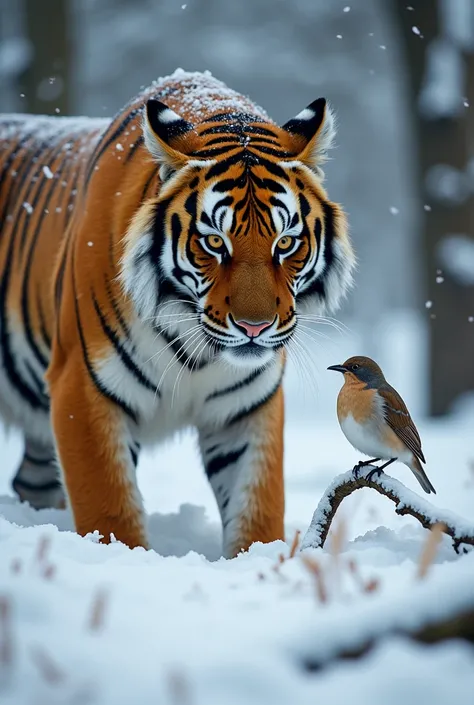 "An ultra-HD, hyper-realistic 128K quality image with HDR effects of a Bengal Tiger and a Ptarmigan in a tense standoff in a snowy forest clearing. The Tiger, with its orange-and-black striped coat dusted with snowflakes, crouches low, its piercing amber e...