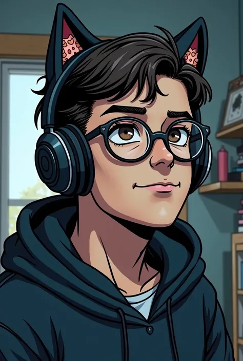 line drawing and art style from DC Comics, a dark and nerdy man with round glasses, brown eyes and wearing a hoodie, his hair is well cut and he wears a headset with cat ears, he has a dark gym style, in the background of image he is in his room