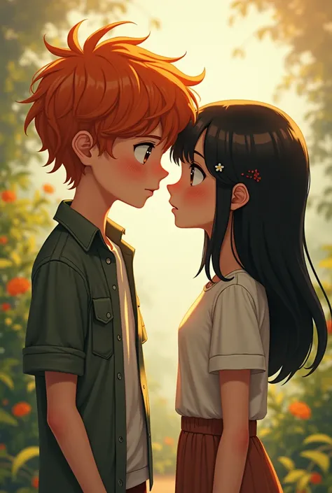 Create a 2-year anniversary image of a disheveled boy with orange hair and a girl with straight black hair