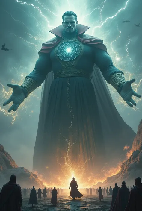 A create Dr strange marvel superhero as giant Look like mountain with magical spells Protecting avengers