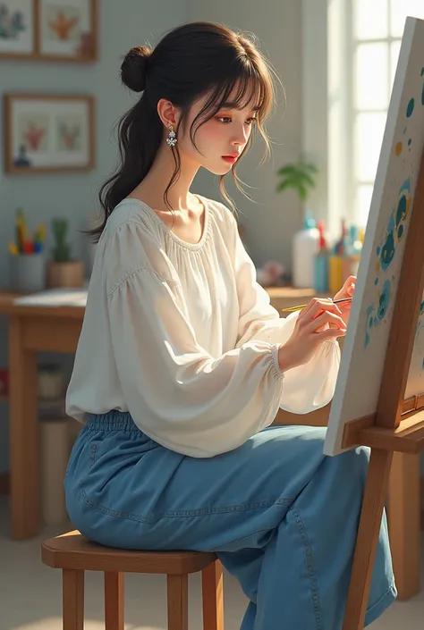 A girl wearing fullsleves white top and blue baggy jeans wearing butterfly studs earrings and she is making paintings on canvas behind back and she sitting on stool 