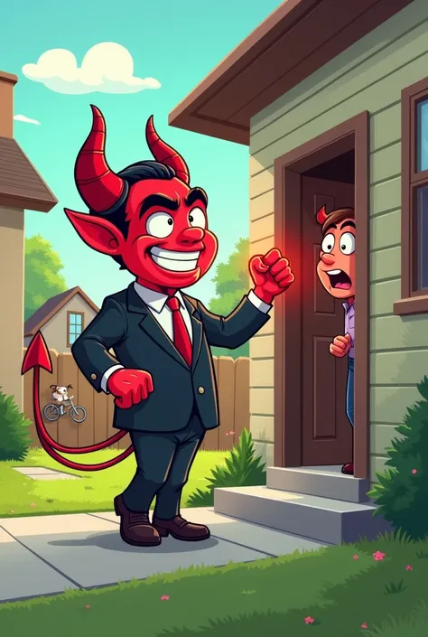 Satan knocking on a s door in a cartoon