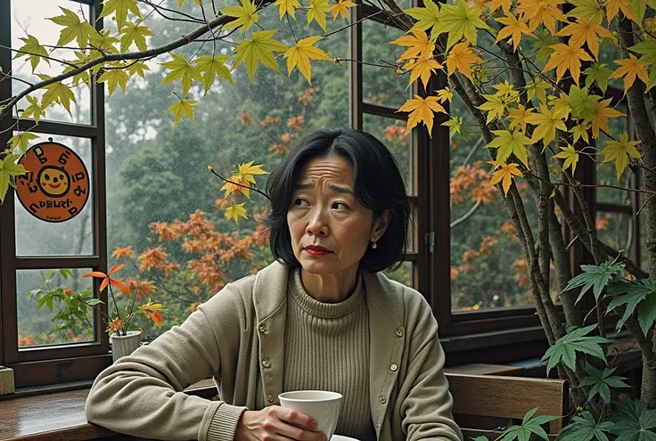 A beautiful little Korean woman in her 50s  、짧은 medium-length hair、  The best quality 、VERY DETAILED、  High Quality Details  、8k、autumn forest、  beautiful Korean woman in her 50s  .  Im wearing a luxurious beige short midi cardigan over a luxurious knit th...