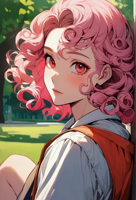 A man with pink hair and red eyes with curly hair sitting in a park