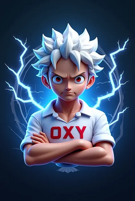  Small size Luffy 3D game logo with white shirt, red eyes"cool curly white hair "  cool with lightning effect inscribed  "OXY " on the chest 