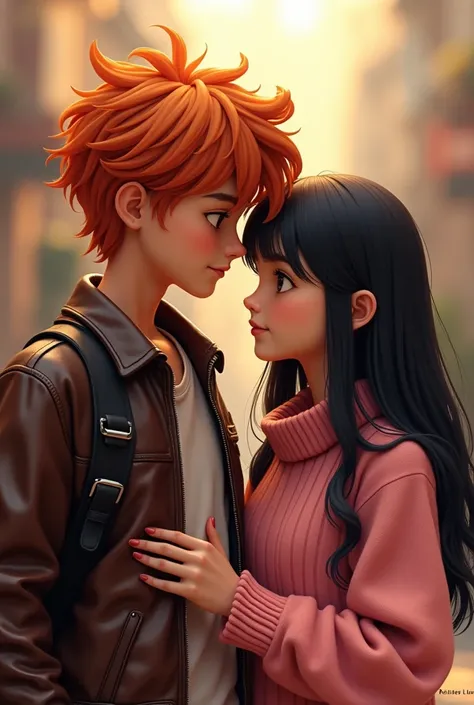 Create an image for  anniversary of a disheveled boy with orange hair and a girl with straight black hair, the boy dressed in a leather jacket and the girl in a pink sweater.