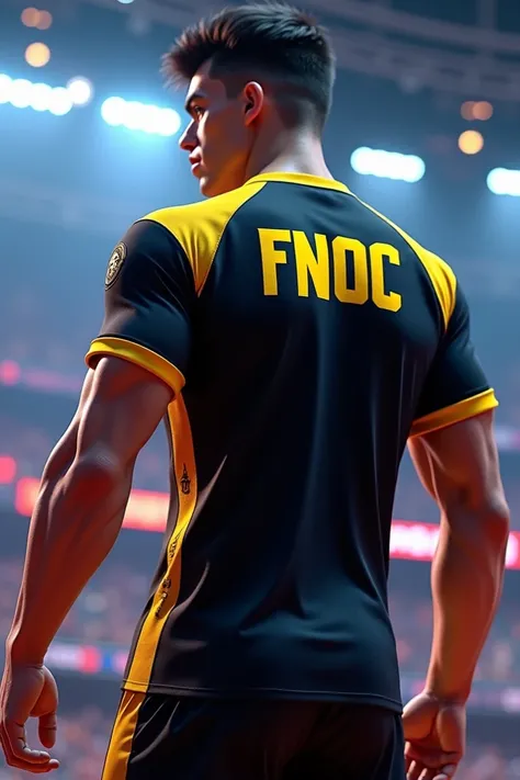 3d guy esport game ,  wears a black mixed yellow jersey with the inscription FNOC in black on his back