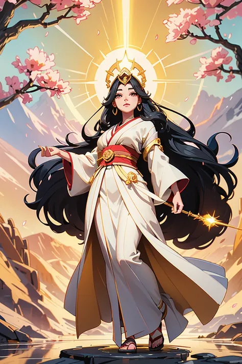 (from below),((full-body shot)),Here is the revised prompt for **Amaterasu**, reflecting her with black hair instead of white:

---

**Prompt:**  
"A regal and radiant goddess standing tall and proud, Amaterasu emanates an aura of warmth and light, her pre...