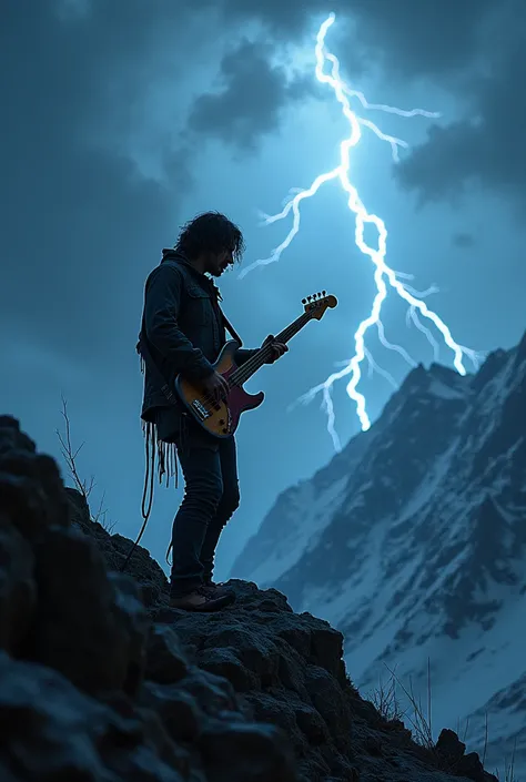 rock musician on a mountain at night playing electric bass in an electrical storm