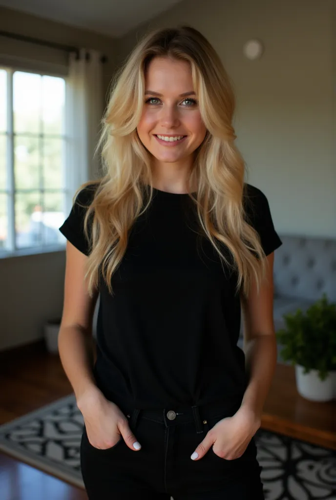 Full body shot of girl, , blonde long hair, wearing a black tshirt and black pants, photofocus, aperture, insanely detailed and complex, character, elegant, beautiful, candid, attractive, eye-catching, hyper realistic, super detailed, in the house, close t...