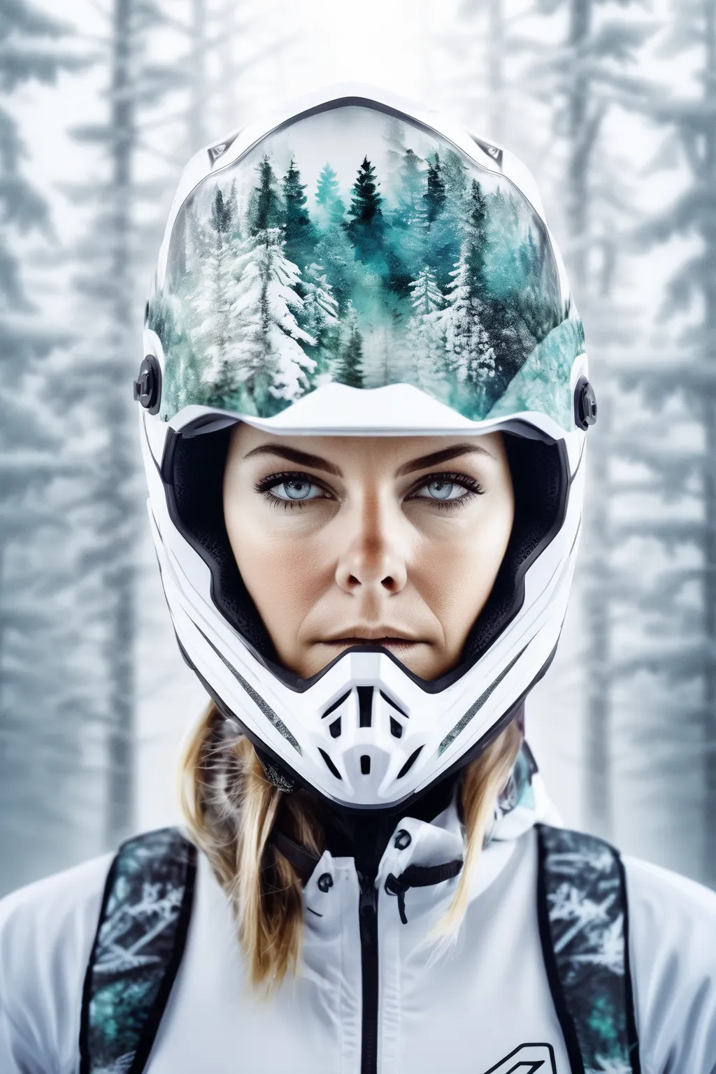 double exposure, solid white background, forest woman,wearing enduro motocross helmet , amazing depth, masterwork, surreal, geom...