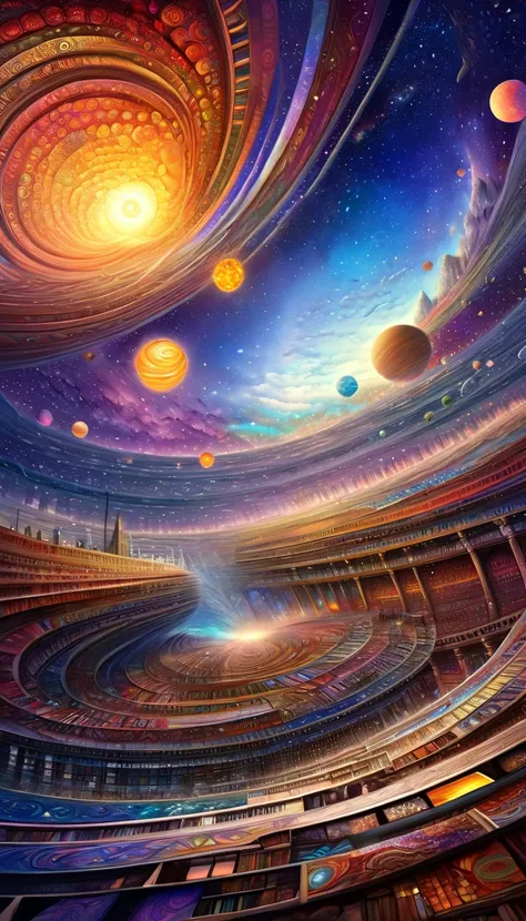 sun,milky way,a highly detailed and intricate oil painting depicting an imaginative and surreal interpretation of the world, inspired by the distinctive artistic style of Bill Sienkiewicz, with vivid and striking colors, masterfully rendered textures and p...