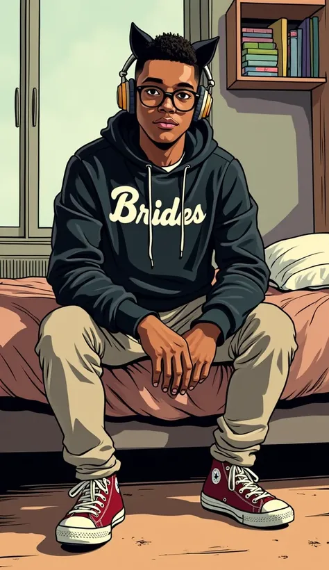 line drawing and art style from DC Comics, a nerdy, dark brown-skinned man with round brown glasses and wearing a black brides sweatshirt and beige pants with worn out allstar sneakers, his hair is well cut and he wears a headset with cat ears, has a dark ...