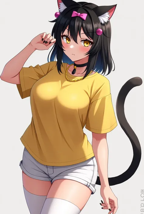 - Anime style
- Beautiful girl
- Large breast
- Thick thighs 
- Shoulder length black hair, with cat ears and small pink bow on fringe 
- Cat ears
- Yellow eyes
- Yellow bead necklace
- Bright yellow oversized short sleeve t-shirt
- White shorts
- White ca...