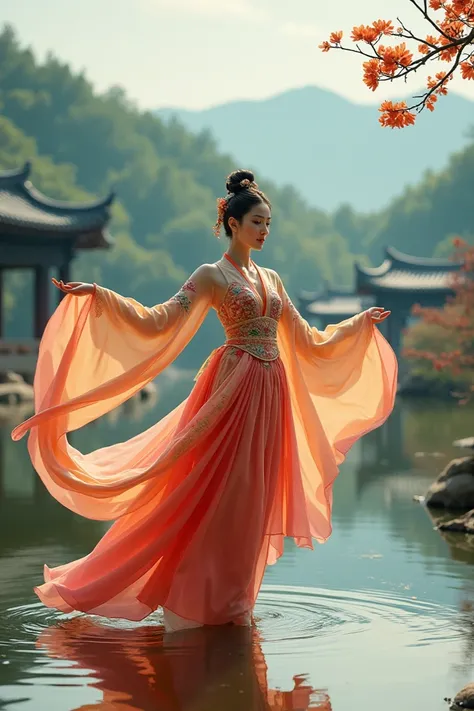 Korean lady dancing in traditional costume 