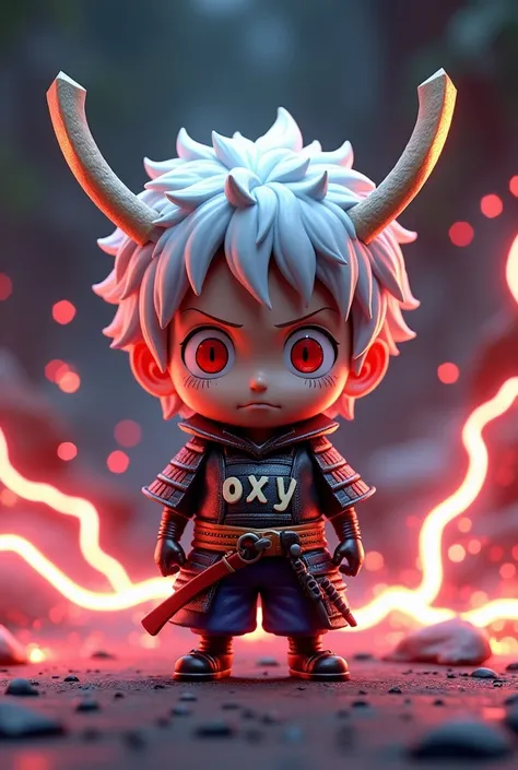 Small size Luffy 3D game logo with samurai armor , red eyes"white hair and hat "  cool with lightning effect inscribed  "OXY " on the chest 