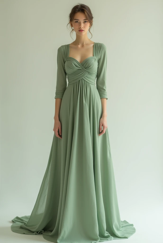 Long dress with chest pattern with crossed fabrics square neckline,  the natural dropped skirt ,  and 3 /4, tight sleeves . 
 Color between light olive and mint green .
Tela gaza.
Dont put embroidery on it, please.!
