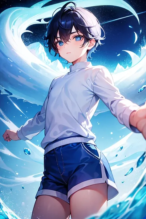 a boy wearing a white long-sleeved shirt and blue shorts is aurora over the glacier, (beautiful eyes), ((best quality)), ((masterpiece))