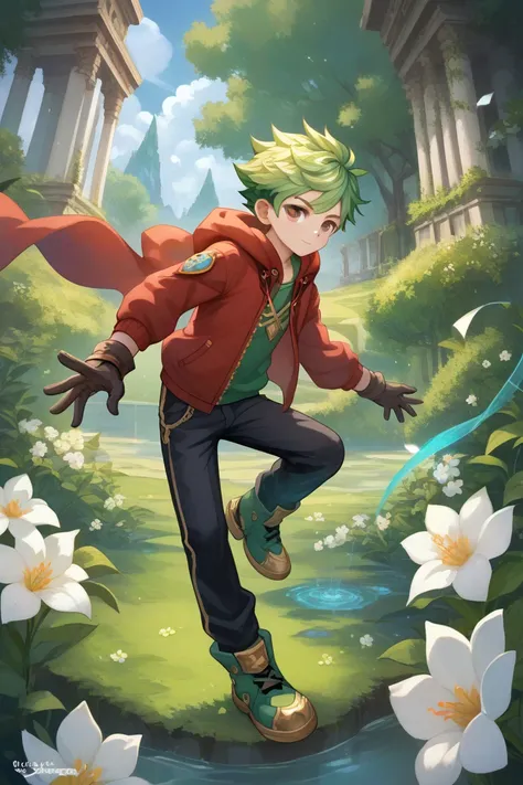 masterpiece,Ultra HD, 1boy, ((young)),solo, small, brown eyes, green hair, flower, gloves, gold_trim, green_footwear ,white_flower ,white_gloves,black_gloves,gloves,hoodie, red_hoodie, x_gloves_(reborn),cool,