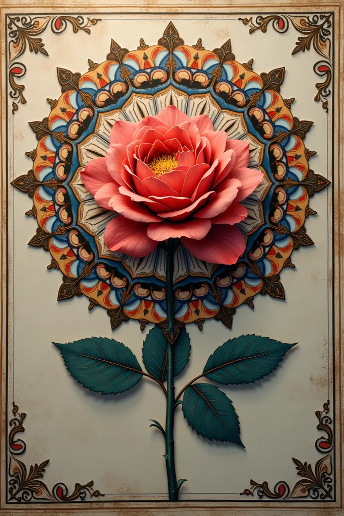 A mandala combined with a rose ,  where the mandala predominates