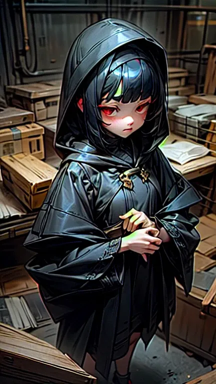  best quality、  detailed down to the smallest detail、  lying down  、 Hooded girl 、 Black Hair Bob Cut 、red eyes、Black clothes、  RESEARCH ROUND  、 standing、 No Emotion、 looking up at camera 