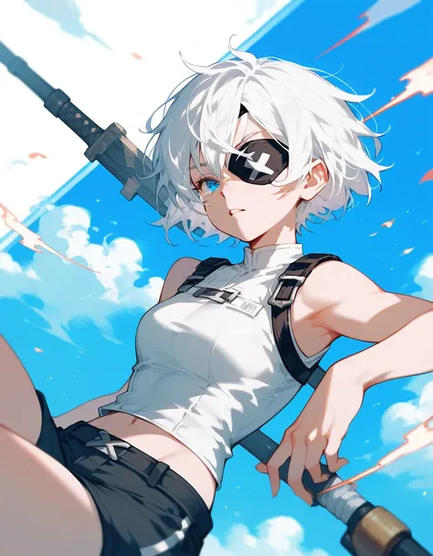 girl,Short hair,White hair, in blue eyes, eyes patch, left eye blind ,White Sleeveless Top, shorts, respect,