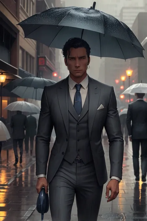 A man in a suit walking in the rain ,  one hand holds an umbrella and the other hand in his pants pocket.