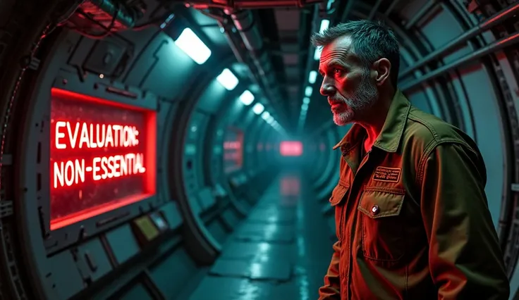 "A dimly lit maintenance tunnel inside a massive space station, with exposed wires and flickering neon lights. A rugged, middle-aged man in a utility jumpsuit looks at a holographic screen projecting the words EVALUATION: NON-ESSENTIAL in red text. His fac...