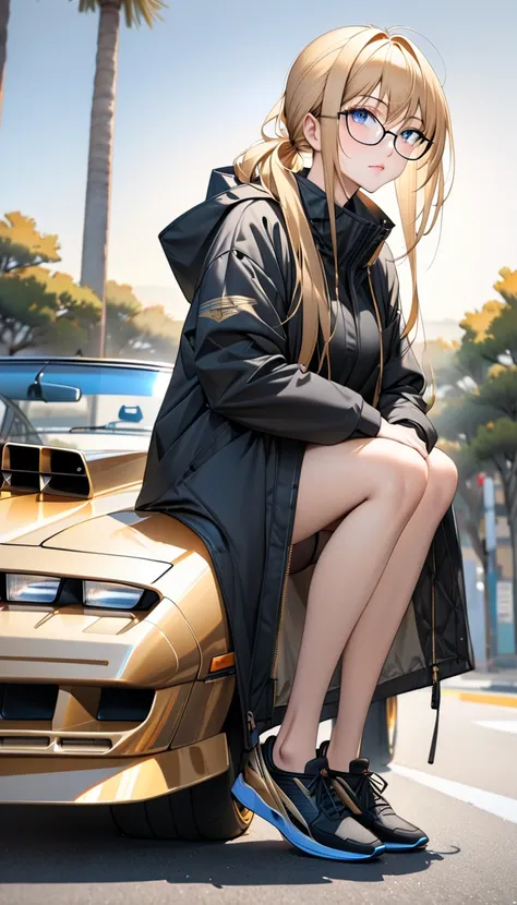  one woman。solo。
 realistic drawing。High image quality。 High Quality 。
Honey Blonde 、 low ponytail。 straight hair。
Rimless glasses。Rectangle Lenses 。
 blue and gray gradation eyes。
 slender。 squinting。Black 1988 Trans Am 。Next to the car。squat。 low angle。B...