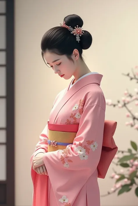 Japanese lady bow in traditional pink kimono