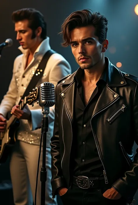 Rodrigo Bueno with black leather jacket and vintage microphone and Elvis Presley shiny white suit and electric guitar 