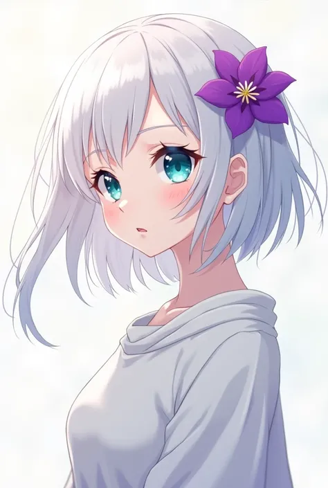 Anime Girl  with white hair and turquoise eyes with a purple flower in her hair My Hero Academia Style 