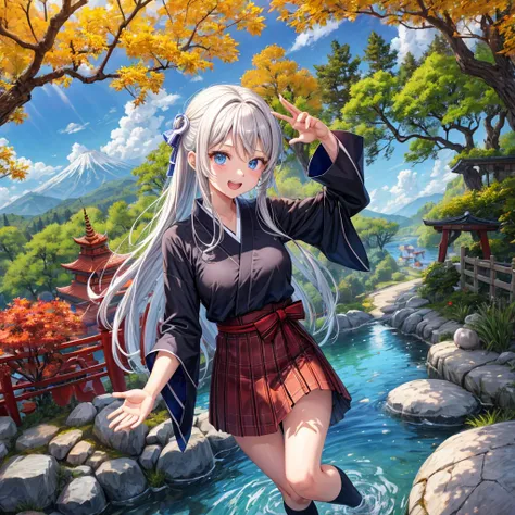 Chestnut Hair、 blue eyes、 with hair tied 、Two cute、 plaid miniskirt 、 BLACK T-SHIRT、 Long Sleeve 、kimono、striped high socks、Teeth are visible、lawn、The stone is cracked、Uneven ground、The road is curved、View from above、Large autumn tree、Mountain々、 fence、isol...