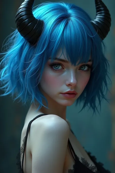 Blue short haired succubus girl, horns cute but horny face, portre