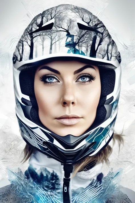 double exposure, solid white background,tree mountain woman,wearing enduro motocross helmet , amazing depth, masterwork, surreal...