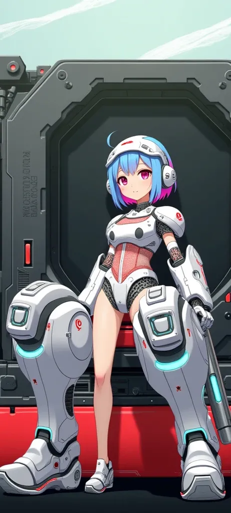 Japan girl Transparant kostum mecha robotic jelly diamon blue pink neon,big gun di bahhunya, mesin mesin metalic aluminium background