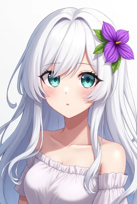 Anime Girl  with white hair and turquoise eyes with a purple flower in her hair My Hero Academia Style 