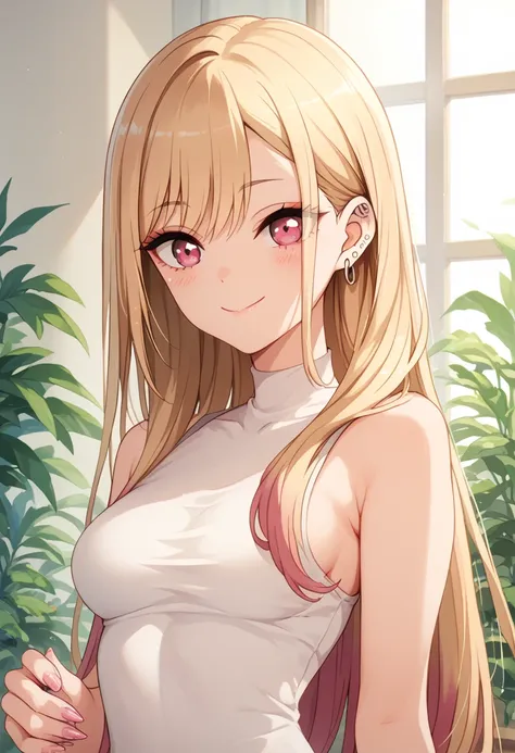 KitagawaMarin
multicolored hair, blonde hair, long hair, magenta eyes, ear piercing, earrings, pink nails, makeup,,slender,medium breasts,smile,closed mouth,blush