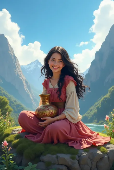 3. An Iranian girl with a radiant smile sits on a moss-covered rock, holding a decorative jug of wine. The backdrop features majestic mountains and a clear blue sky, creating a harmonious blend of nature and culture, as she embraces the beauty around her.
