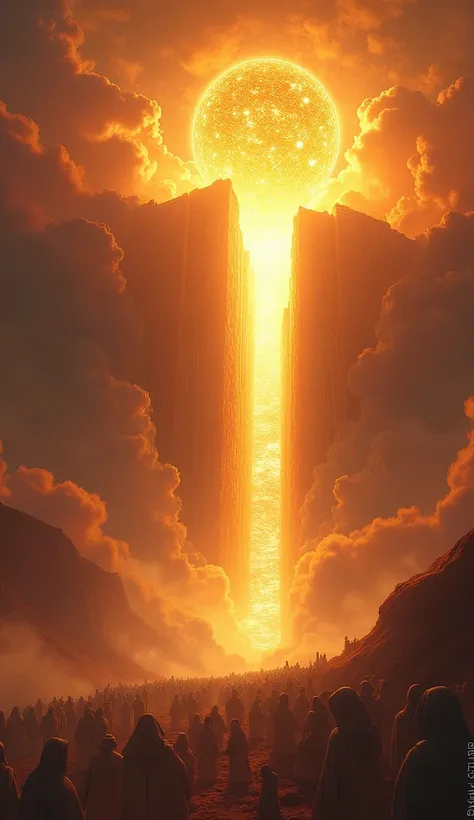 "The New Jerusalem descending from the heavens, its walls glowing with vibrant golden light, a crystal-clear river flowing from its gates, people in white robes gathered below, the sky filled with shades of crimson and amber, photorealistic."