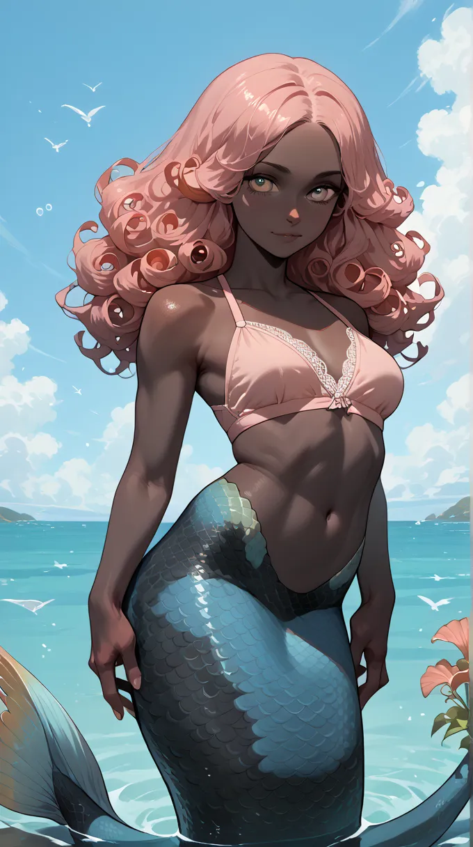 black skin, mermaid, black, curly hair, african ancestry, light pink and light blue scales