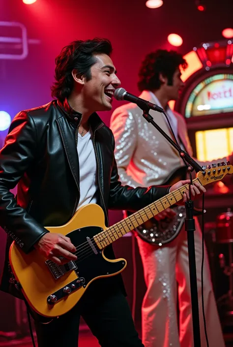 Rodrigo Bueno singing quartet with black leather jacket and vintage microphone and Elvis Presley shiny white suit and electric guitar 
Rocola illuminated in the background 
Euphoric audience 
In Las Vegas 
Casino 