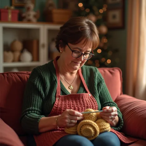 a short hair , brown, of prescription glasses,  crocheting in her living room ,  sitting on a couch with a closet with several rolls of twine and a crochet hook, with Christmas decorations, tema disney
