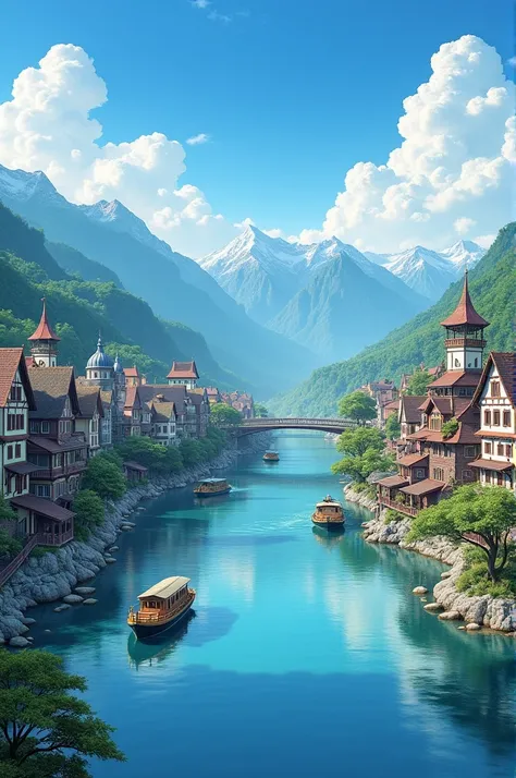 Draw me a wonderful town .  Let the river be it wonderful houses with two floors on the sides of the river Let the boats float in the river Let the sky be azure and the mountains behind the houses